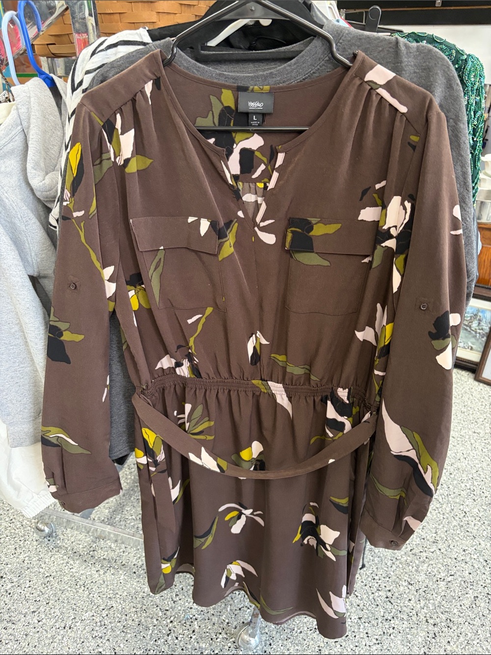 Wesc Brown Floral Long Sleeve Tie-Waist Tunic Dress